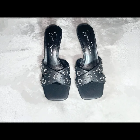 *SOLD* Jessica Simpson Grommet/Studded Black Qemette Heels - Picture 2 of 5